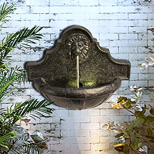 Peaktop Garden Wall Lion Head Outdoor Water Fountain with LED Light, Charcoal, Garden Statue Lights & Water (56 x 21 46 cm)