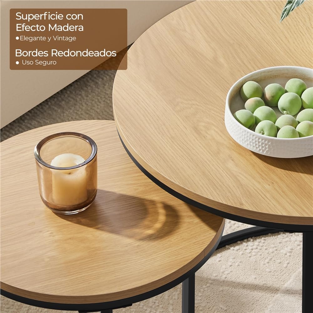 Yaheetech Juego de 2 Mesa de Centro Redonda Anidable con Patas de Metal Set 2 Mesa de Centro Nido Maderna de Café Rustica para Salón Mesa Auxiliar 60x60x50,5cm Roble Claro