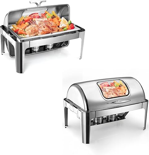 Miniatura 1 de Juego de bufé de platos para rozar, 9 cuartos de galón de acero inoxidable con parte superior enrollable, calentadores de alimentos para fiestas,