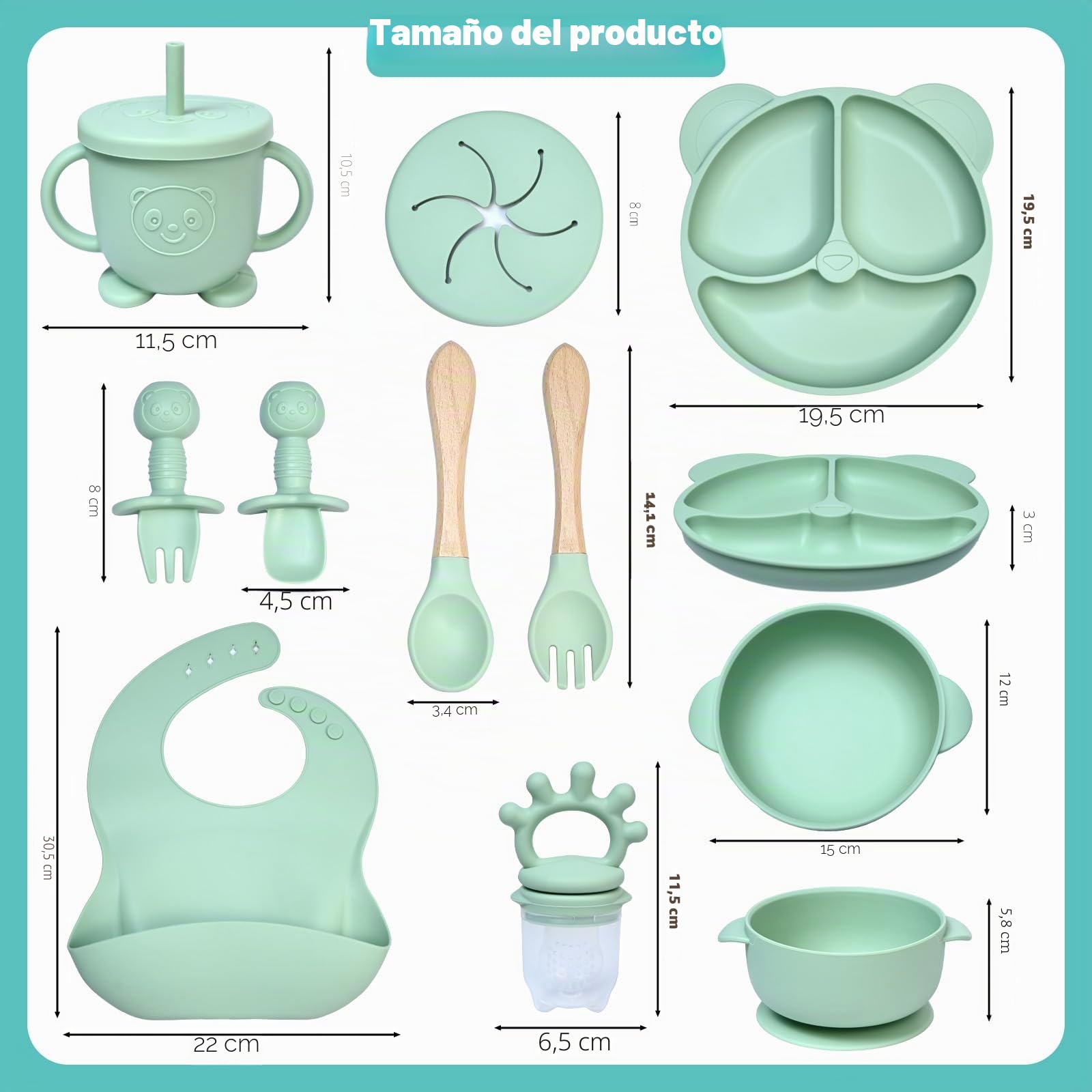 12 Piezas Vajilla de Siliconea para Bebés con Ventosa, Platos Impermeables y Set de Aprendizaje para Comer Destete (Verde)