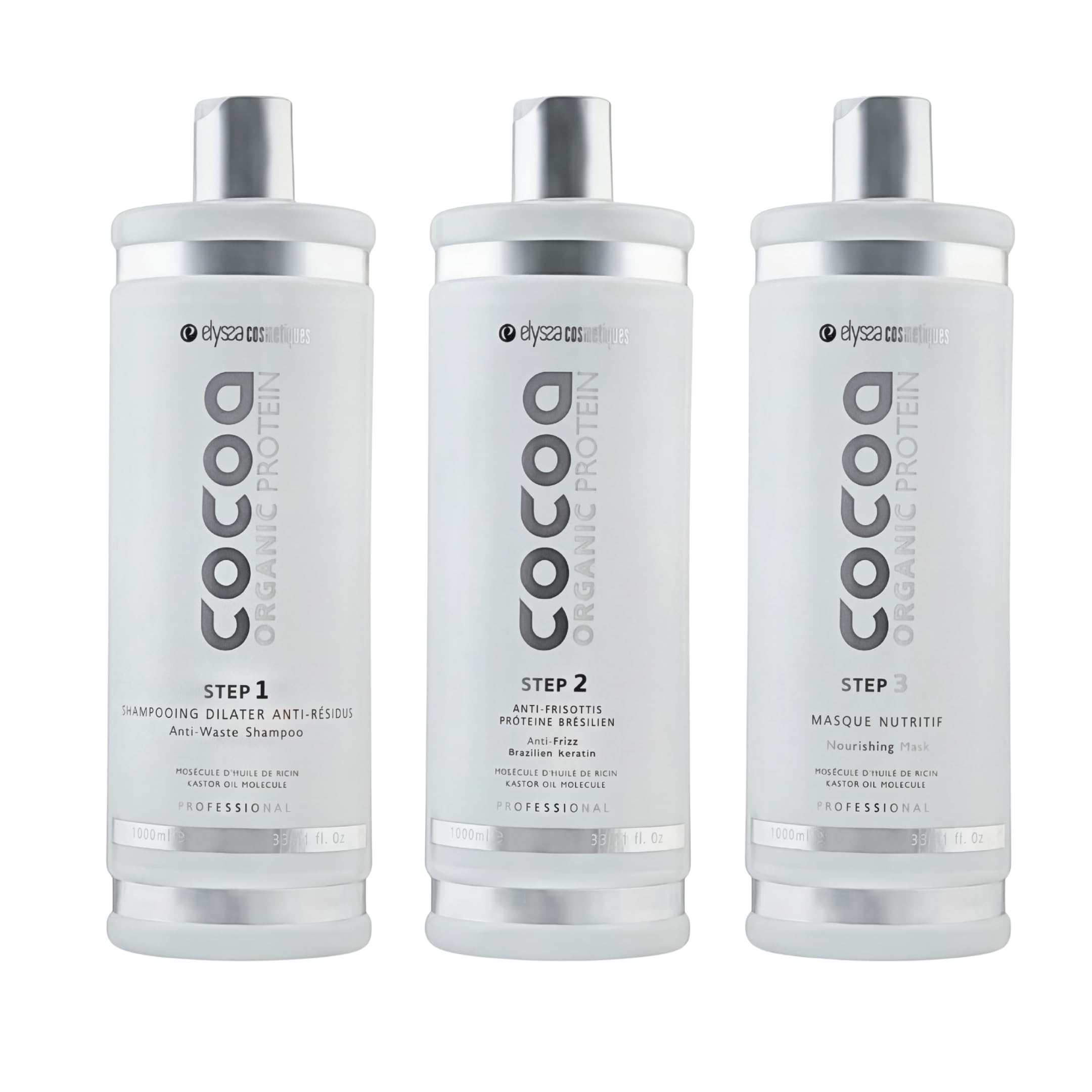 Kit Lissage Tanin Cocoa Organic Protéine | Lissage Naturel, Hydratation Intense, Anti-Frisottis, Brillance Longue Durée | Pour Cheveux Abîmés et sans Volume (3x1L)