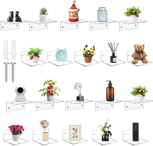 Miniatura 8 de Pequeños estantes flotantes acrílicos para pared adhesivos para pared, estantes para baño, dormitorio, sala de estar, oficina (transparente, 30