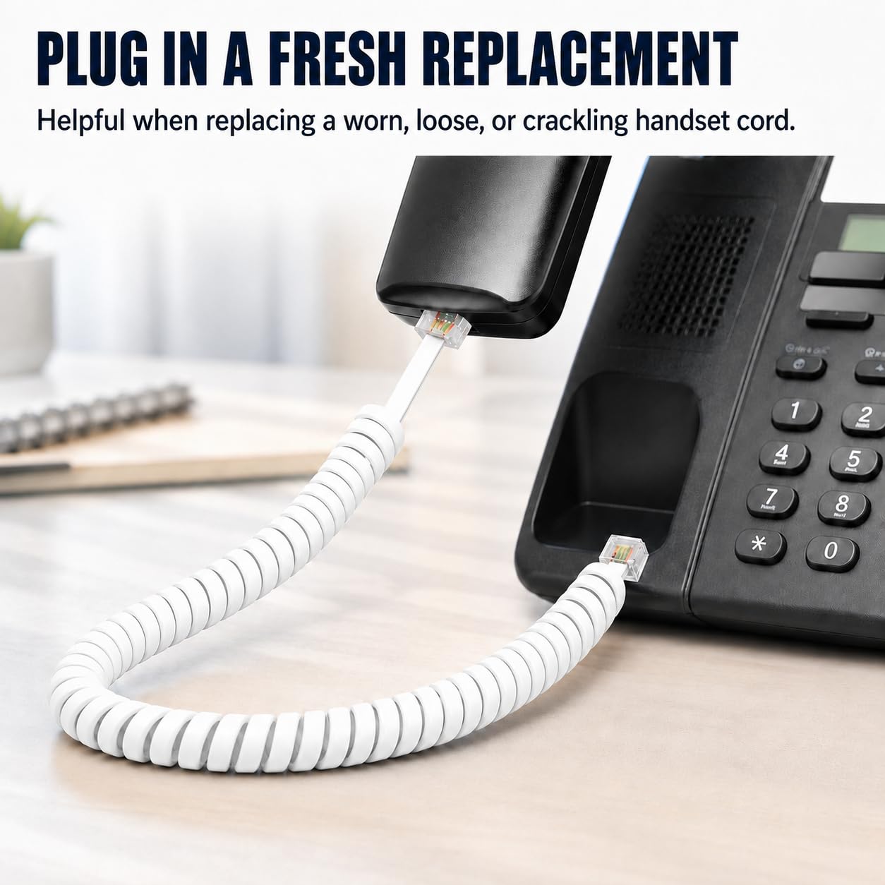 Cable de teléfono de cobre puro de 10 pies, cable de teléfono fijo RJ9 4P4C, cable de repuesto en espiral de 10 pies para teléfonos de oficina/hogar, diseño en espiral elástico, compatible