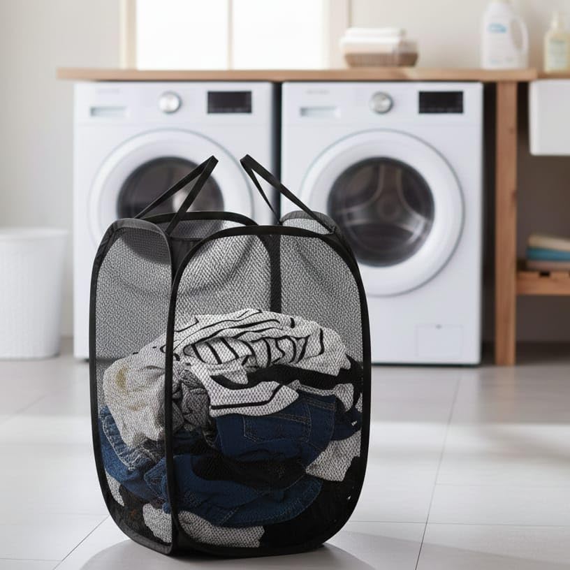 BADBUNDA ENTERPRISES Nylon Mesh Laundry Basket|Sturdy Material & Durable Handles|Netted Lightweight Laundry Bag (Assorted) Pack Of 1 (Black)-picture-10
