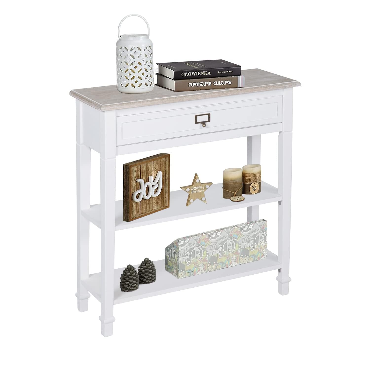 kinsuite White Console Table with Drawer and Storage Shelf Accent Sofa Table for Entryway Living Room Hallway Hall Table