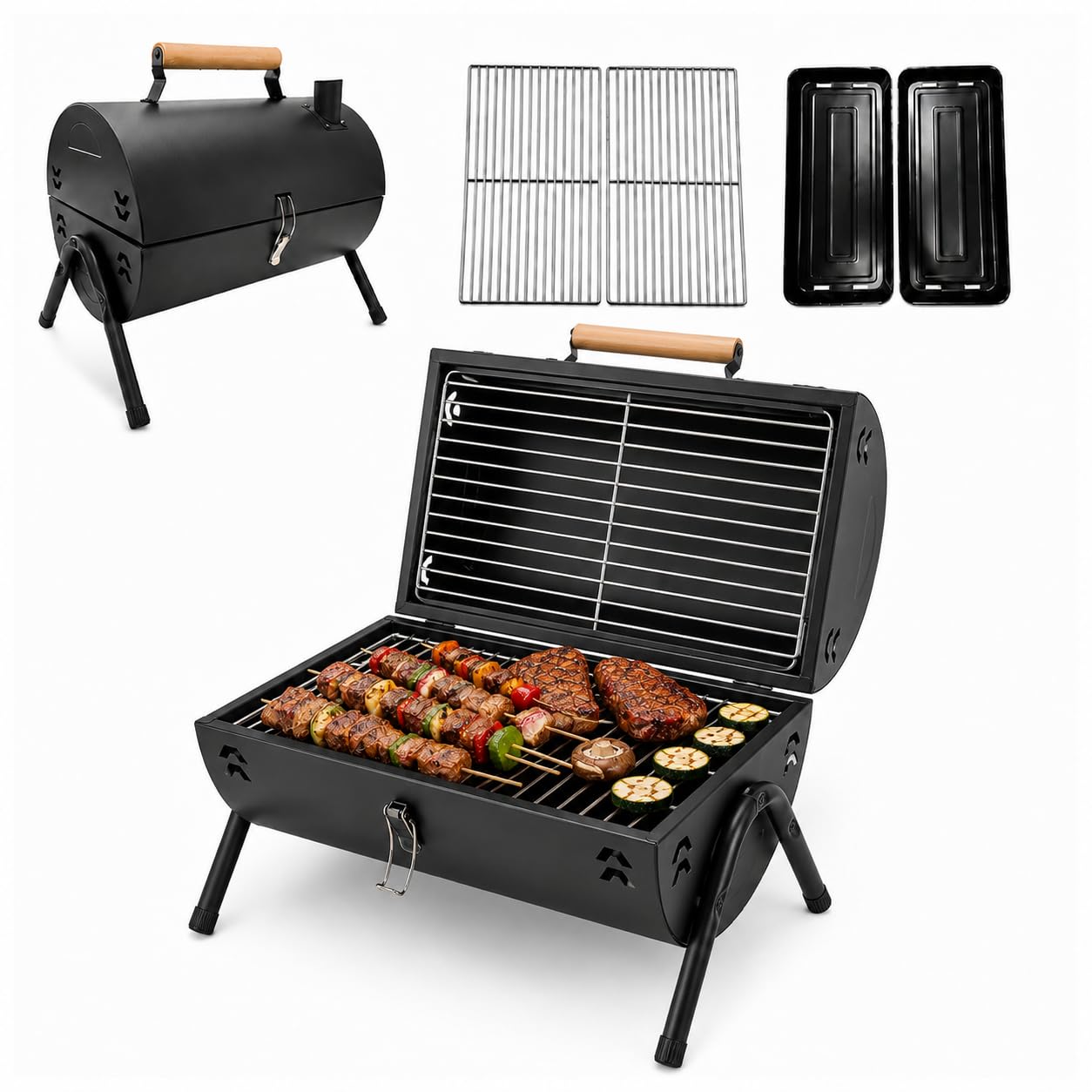 Barbecue a carbonella con doppia superficie di cottura, 37,5 x 25,5 cm, portatile, per esterni, in acciaio, con coperchio, camino e manico in legno, per giardino, terrazza, campeggio e picnic
