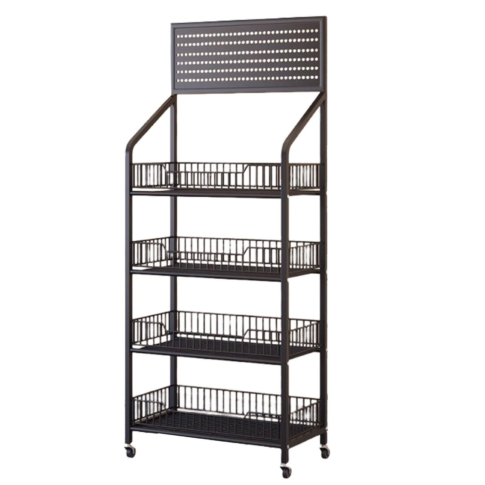 AYCDL Retail Display Rack, Portable Snack Organizer with Wheels, Supermarket Candy and Fruit Display Stand,Black-4 step