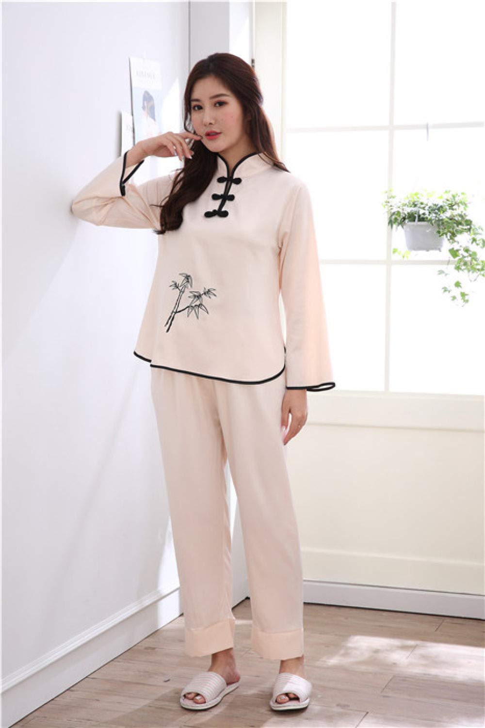 YUHOOE Pijamas De Mujer,Conjunto De Pijamas De Satén Sedoso Botón Tradicional Chino Bordado De Manga Larga Ropa De Dormir Pijamas Cómodos Sueltos Ropa De Dormir Ropa De Casa,Beige,XL