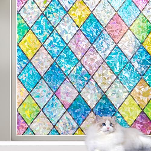 LEMON CLOUD Stained Glass Window Film,Rainbow Window Privacy Film,Colorful Decorative Window Film,Static Cling Window Covering Film for Home (Lattice,17.5 x 157.4 Inch)