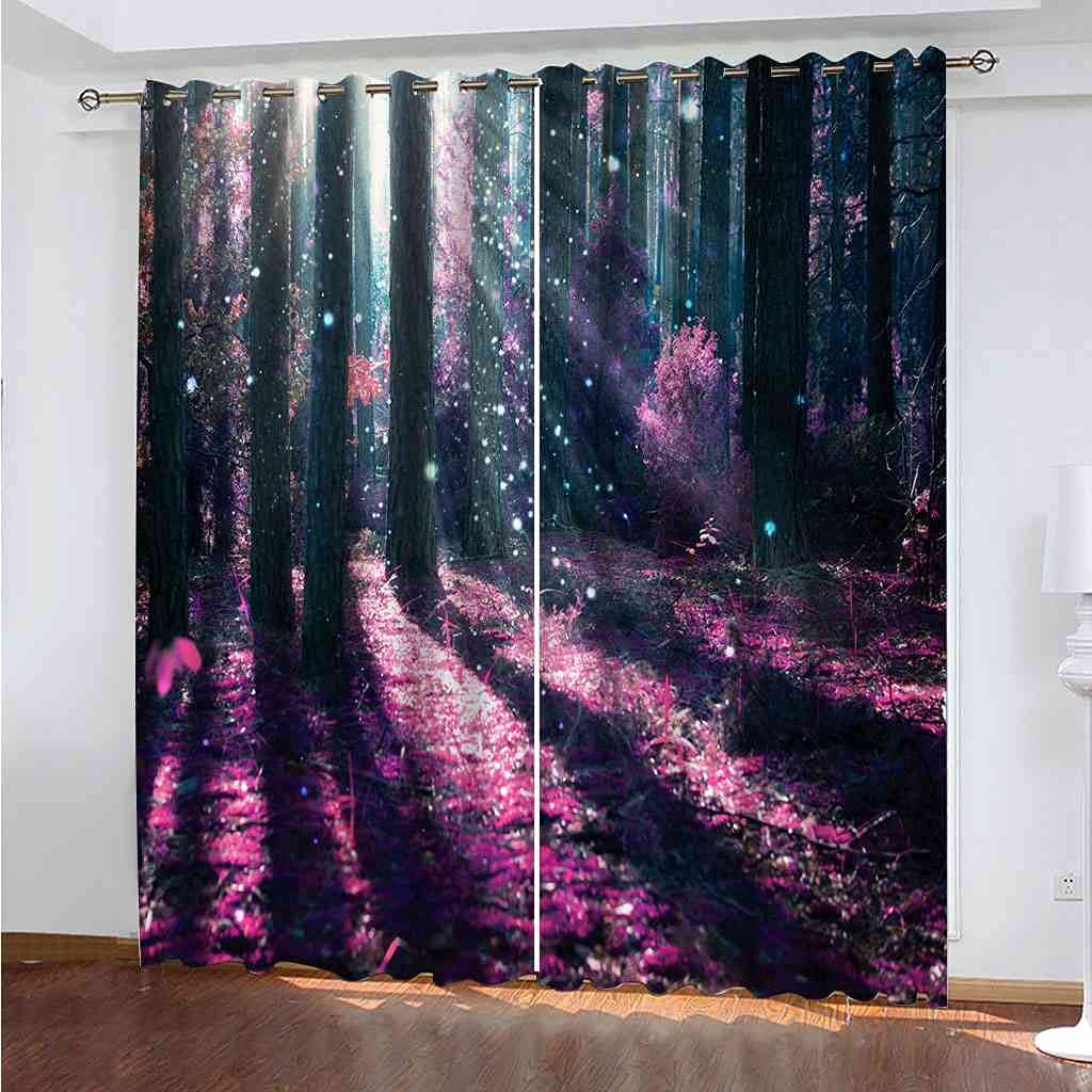Rideaux occultants isolants thermiques phoniques forêt rose 3D