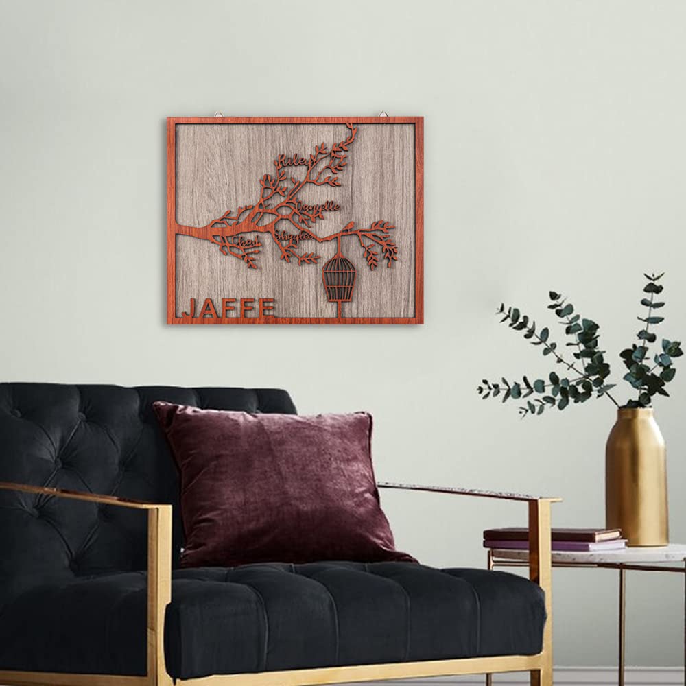 Cartel de madera de árbol familiar personalizado, carteles de pared con nombre de familia personalizado, rama de árbol con jaula, inauguración de la casa, regalo de boda, decoración de arte de pared