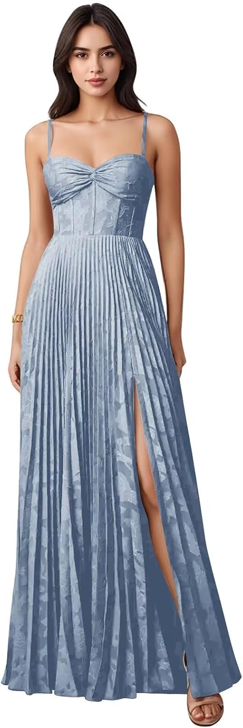 Lace Jacquard Bridesmaid Dresses for Wedding Women's Spaghetti Straps Pleated Formal Dress
