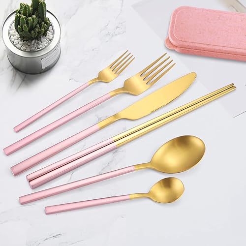 Miniatura 8 de AARAINBOW Juego de cubiertos de acero inoxidable de 6 piezas, portátil, reutilizable, juego de cubiertos de viaje, incluye palillos, cuchillo,