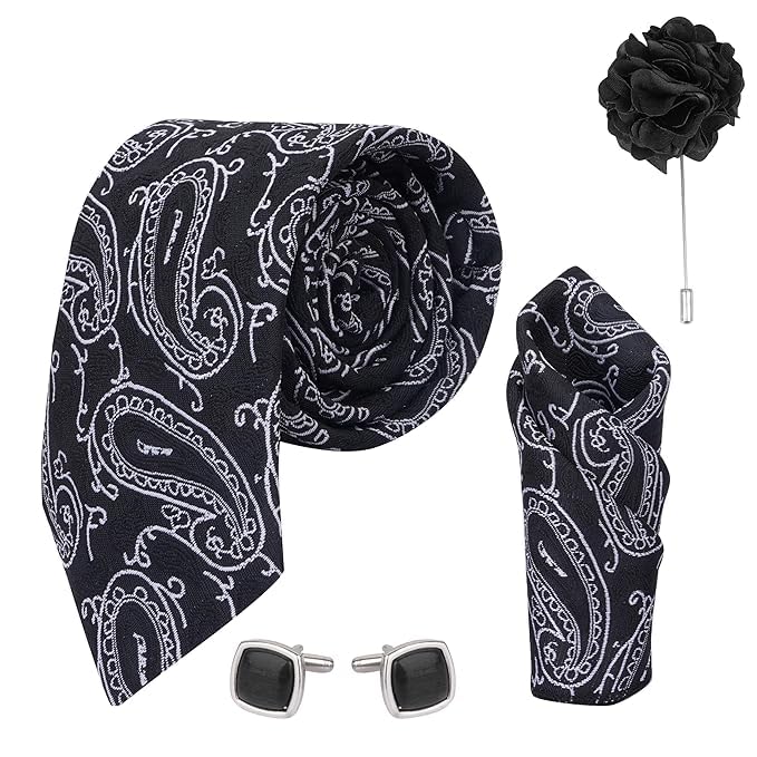 calixto Black Pasiley design tie micro print fine Necktie Gift Set With Pocket Square, 2 pcs Cufflinks & Lapel Pin Formal Tie With (Leatherite Gift Box) (Pack of 4 pcs)-picture-18