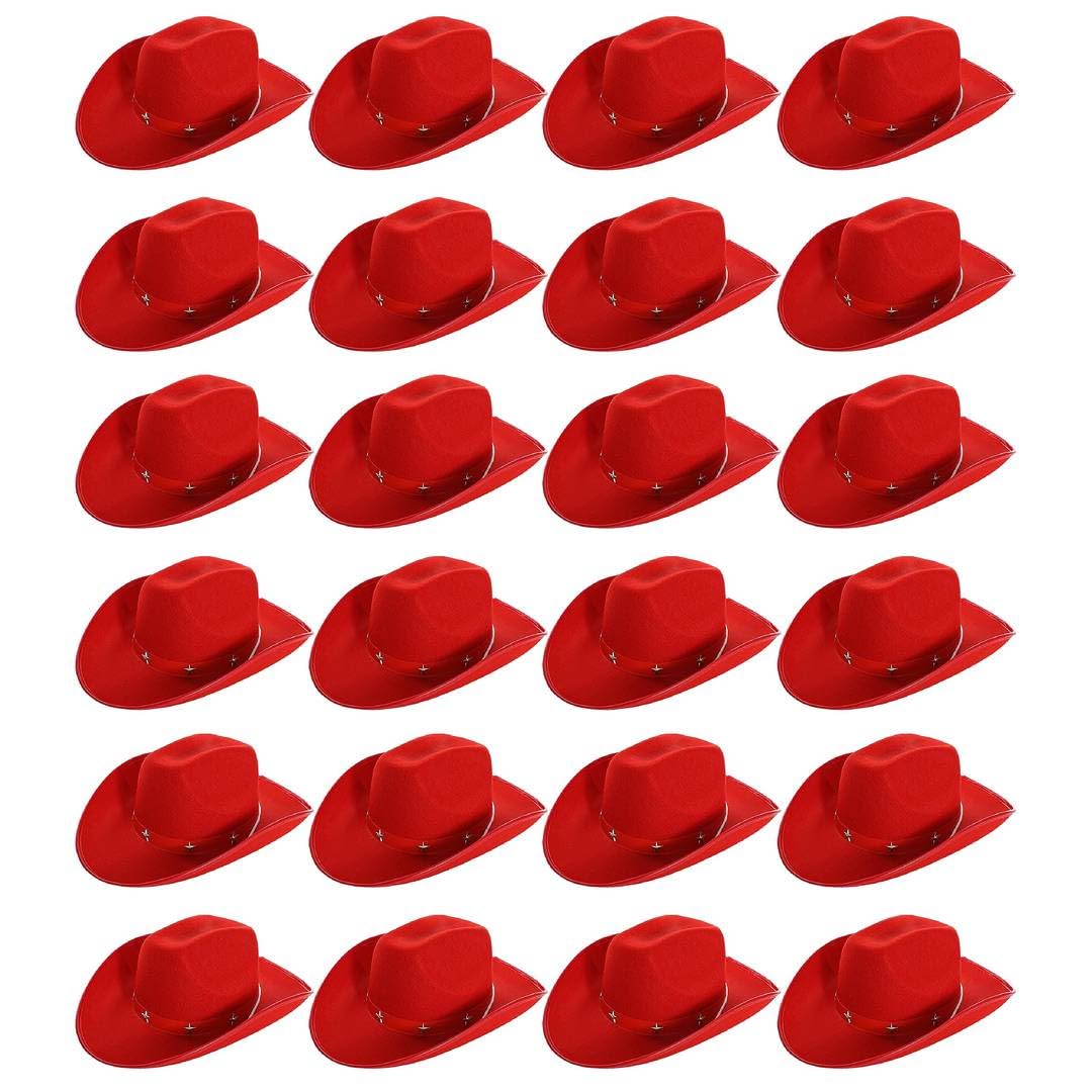 Adults Star Studded Cowboy Hat - Pack of 24 - Red Felt Western Style Hat with Decorative Star Studs - Classic Wild West Fancy Dress Costume Accessory for Parties Festivals Cosplay Cowgirl Events
