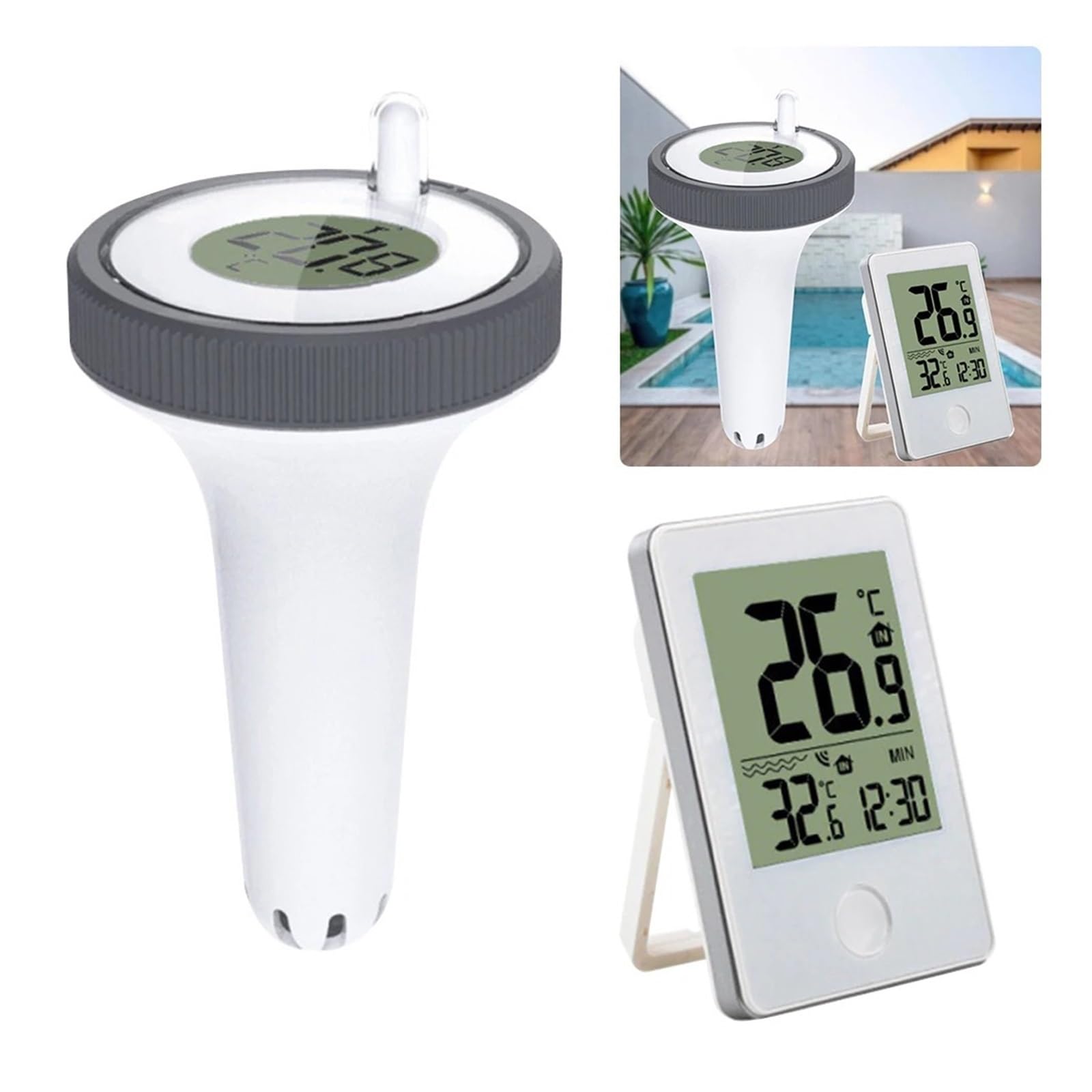 Termometro Galleggiante Wireless IPX8 Impermeabile, Termometro Digitale for Piscina di Facile Lettura con Monitoraggio della Temperatura Esterna/Interna Facile da Usare