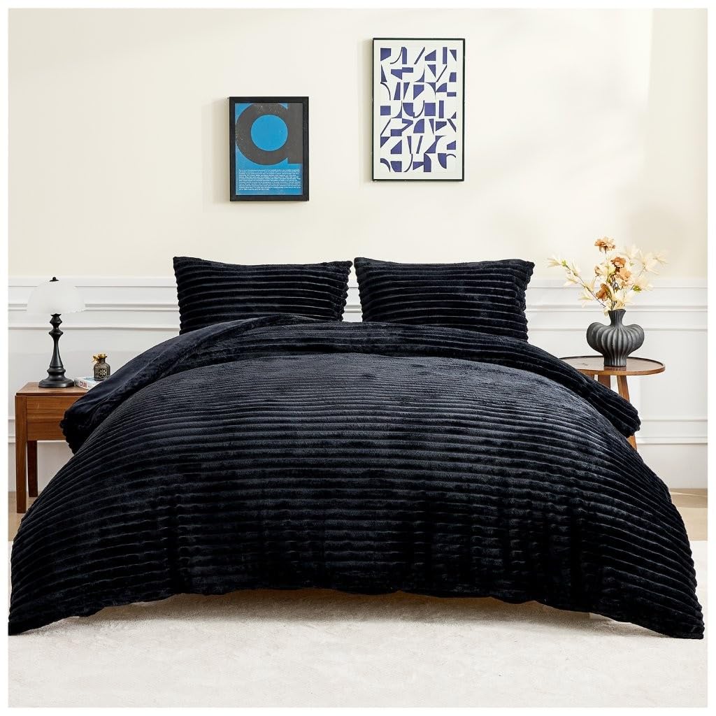 Lions Teddy Fleece Bedding Set - Thermal Ribbed Single Bed Duvet Cover with Matching Pillowcase, 100% Polyeser Warm Cosy Winter Quilt Covers, Black, 137x200cm
