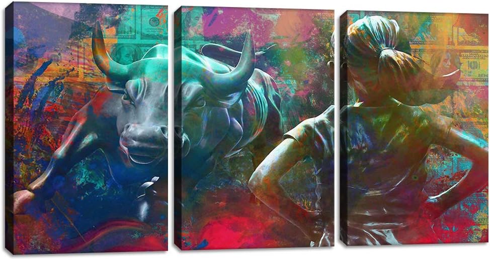 Motivational Wall Art Canvas Print Wall Street Charging Bull Fearless Girl Positive Office Decor 3 Panels Inspirational Framed Prints Entrepreneur Quotes Decoration Ready to Hang - 48" W x 24" H Art-01 48"W x 24"H
