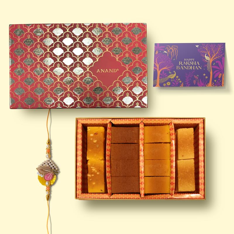 Image of ANAND Assorted Mysore Pak with Rakhi & Greeting Card | Traditional South Indian Sweet Box Gift for Bhaiya, Bhabhi & Family | Mithai for Raksha Bandhan Celebrations | 400g | Freshly Packed