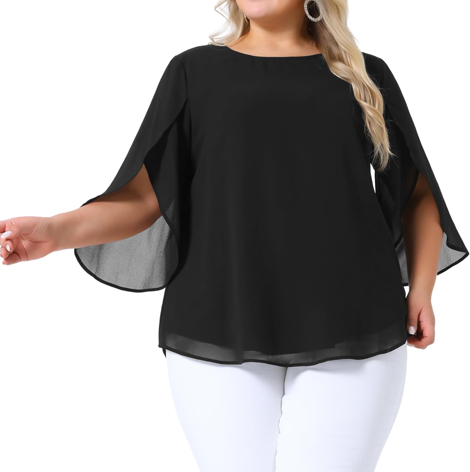 Agnes Orinda Plus Size Blouses for Women Flutter Petal Half 3/4 Sleeve Chiffon Top Loose Flowy Shirt Summer Blouse Top