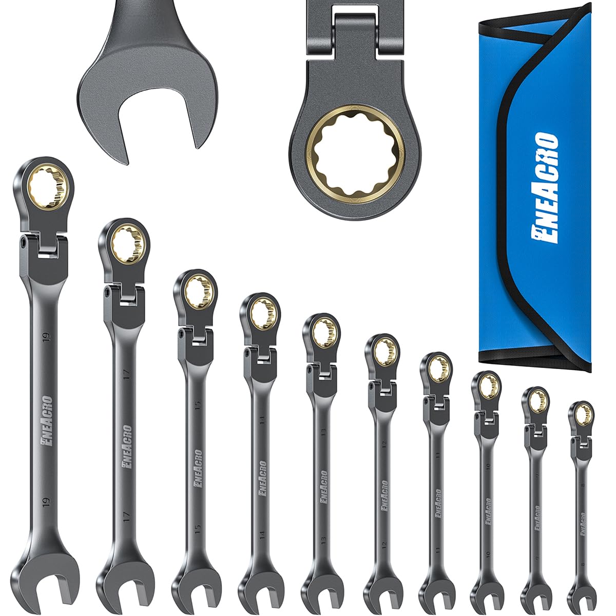 ENEACRO Juego de Llaves de Carraca Combinadas, Juego de Llaves Flexibles Antideslizantes de 10 Piezas, Métricas 8-19mm, 72 Dientes, Construidas en Cr-V, Niqueladas con Bolsa de Almacenaje
