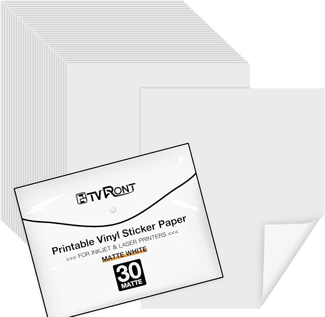 HTVRONT Printable Vinyl 30 Sheets Waterproof Printable Vinyl Sticker Paper Dries Quickly Matte White Size 8.5"x11" for Laser & Inkjet Printer