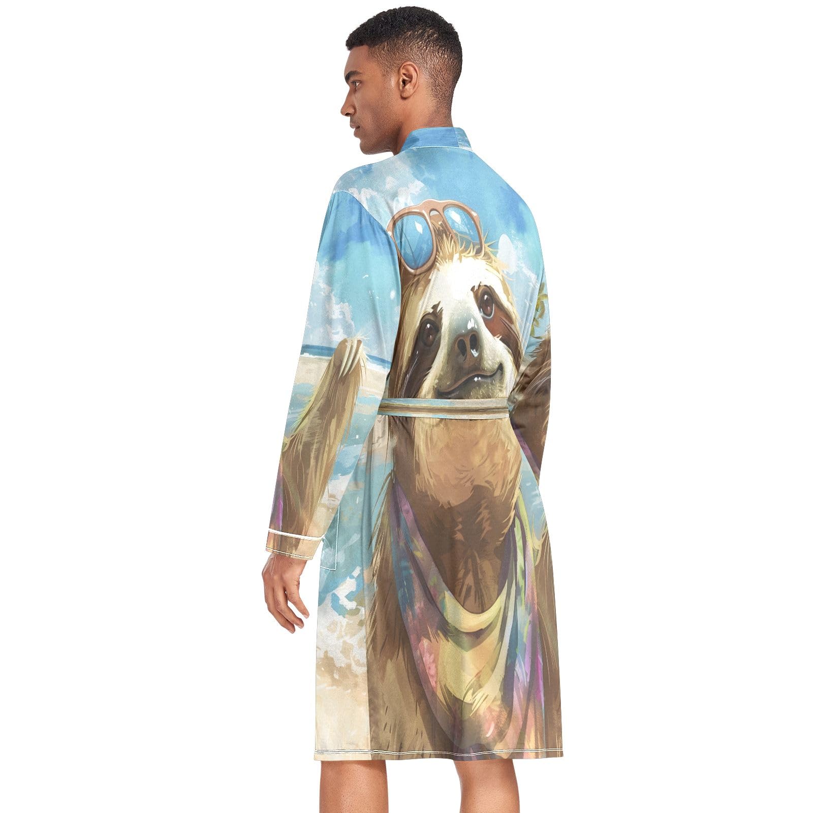 Accappatoio leggero da uomo, con bradipo in stile cartone animato, spiaggia, colori freschi e vivaci