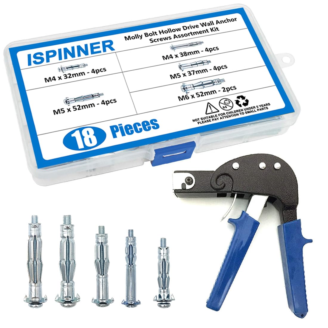 ISPINNER Wall Anchor Setting Tool With 18pcs Molly Bolt Hollow Drive Anchor Screws Assortment Kit, Heavy Duty Gun for Cavity Plasterboard Fixing