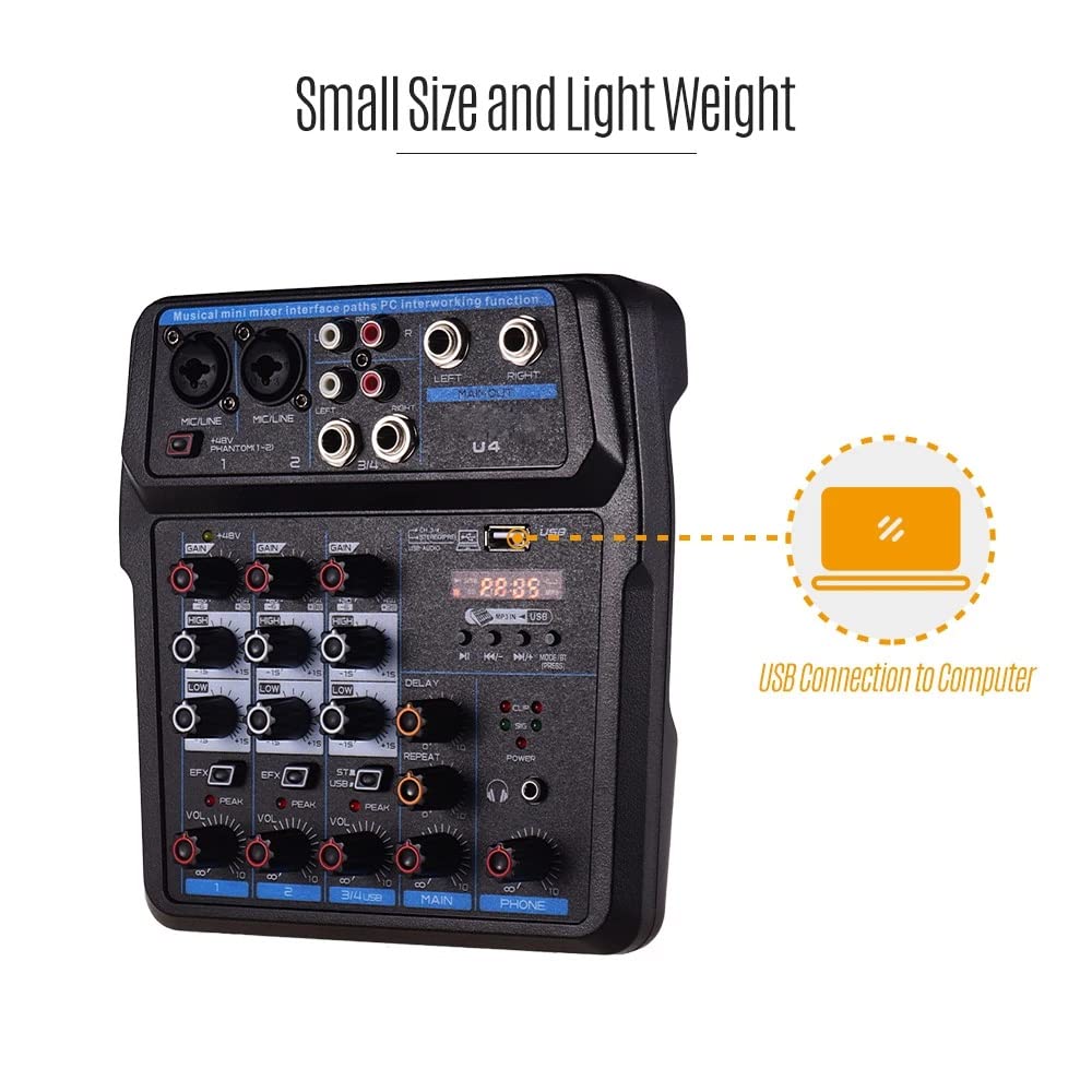 U4 - Mezclador de audio portátil de 4 canales BT USB con tarjeta de sonido integrada Phantom de 48 V