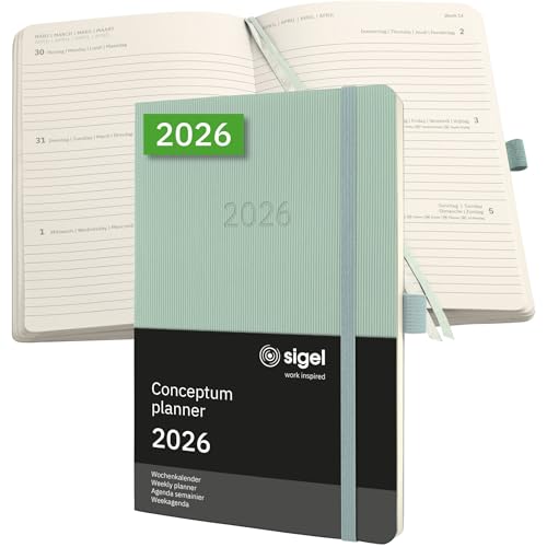 Sigel C2638 Agenda Settimanale Conceptum 2026-1 Anno - Circa A5 - Verde - 2 Pagine - 1 Settimana - Copertina Flessibile - 80 G/M² - 192 P. - Certifica