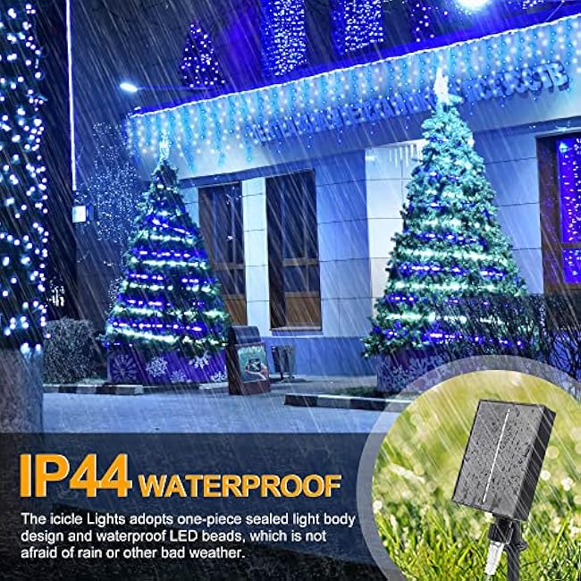 300 LED Solar Icicle Lights Outdoor with Remote Control, 33ft 8 Modes Curtain String Lights with 50 Drops, Christmas Holiday Wedding Party Decorations, Blue+White