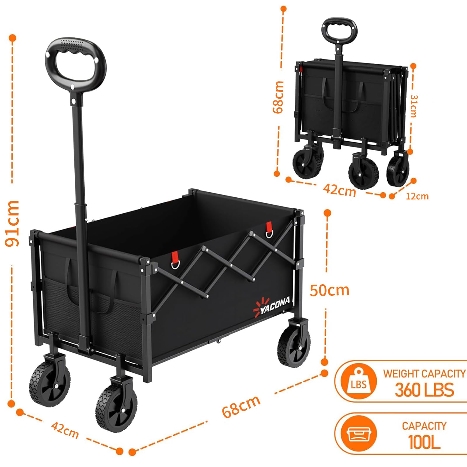 Bollerwagen Faltbar mit 4 verstärkten Rollen, Faltbarer Klappbarer Handwagen mit Griff, Bollerwagen Geländegängig für Lebensmittelgeschäft, Camping, Einkaufen, Strand, Garten, Schwarz (Black, 100L)