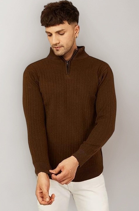 Kvetoo Men High Neck Zipper Full Sleeve Woolen Winter Sweater