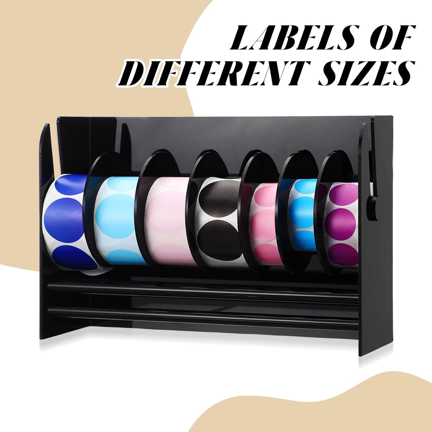 Qilery Adjustable Label Dispenser Acrylic Roll Sticker Dispenser Sticker Holder Organizer Label Stand for Holding Office and Home(7 Disks Black)