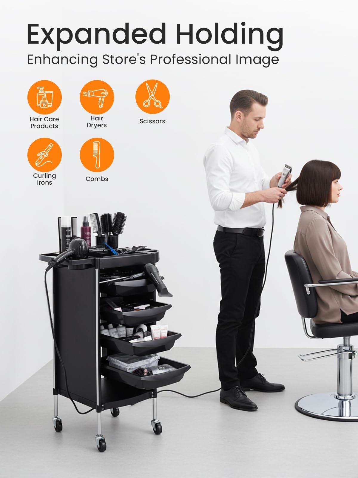 Friseurwagen mit 4 Schubladen – Rollbarer Beauty-Organizer mit Seitenschale & Föhnhalter, mobiler Barbier-Tool-Wagen für Salon, Spa & Zuhause
