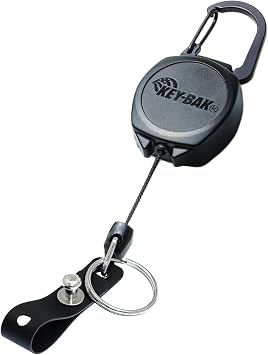 KEY-BAK Heavy Duty Locking Sidekick Retractable Badge Holder with Large ID Badge Holder Strap & Secure Screw Fastener - 24 Retractable Kevlar Cord with Split Ring & Zinc Alloy Metal Carabiner, Black