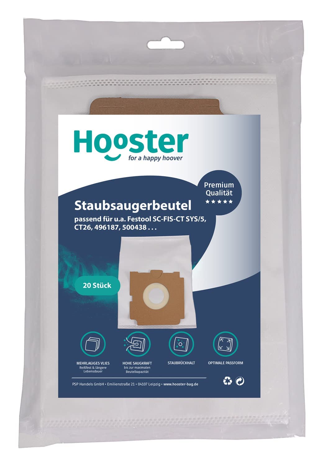 20 Stück Staubsaugerbeutel für Festool | Ersatz für FESTOOL 500438 Filtersack SC FIS CT SYS/5