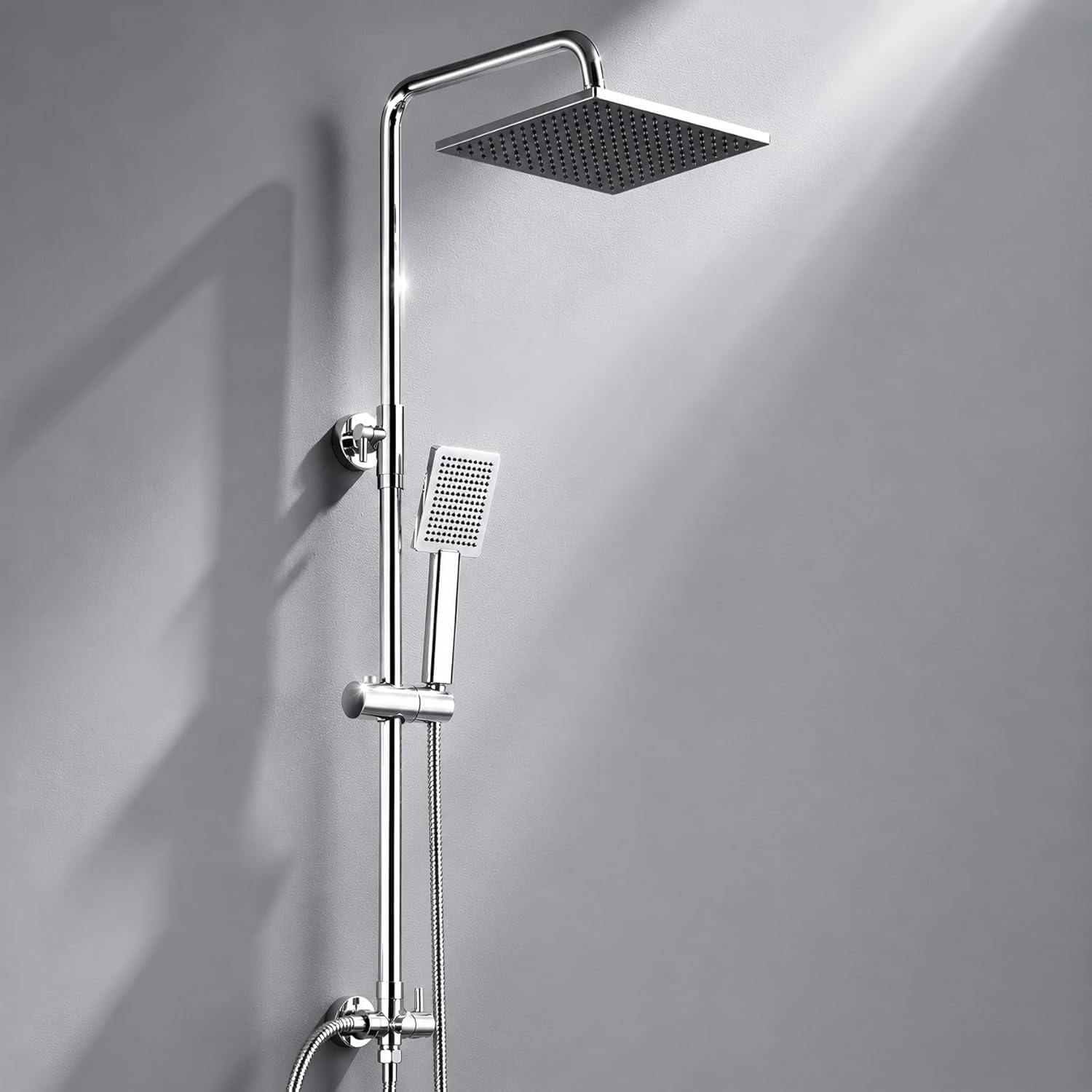 DERW Adjustable Shower Riser Rail Kit with 10" Square Rainfall Shower Head, Handheld Shower with Rotating Bracket, Rain Shower Set (Without Mixer), Anti-Leak Hose,Easy Installation for UK Bathroom