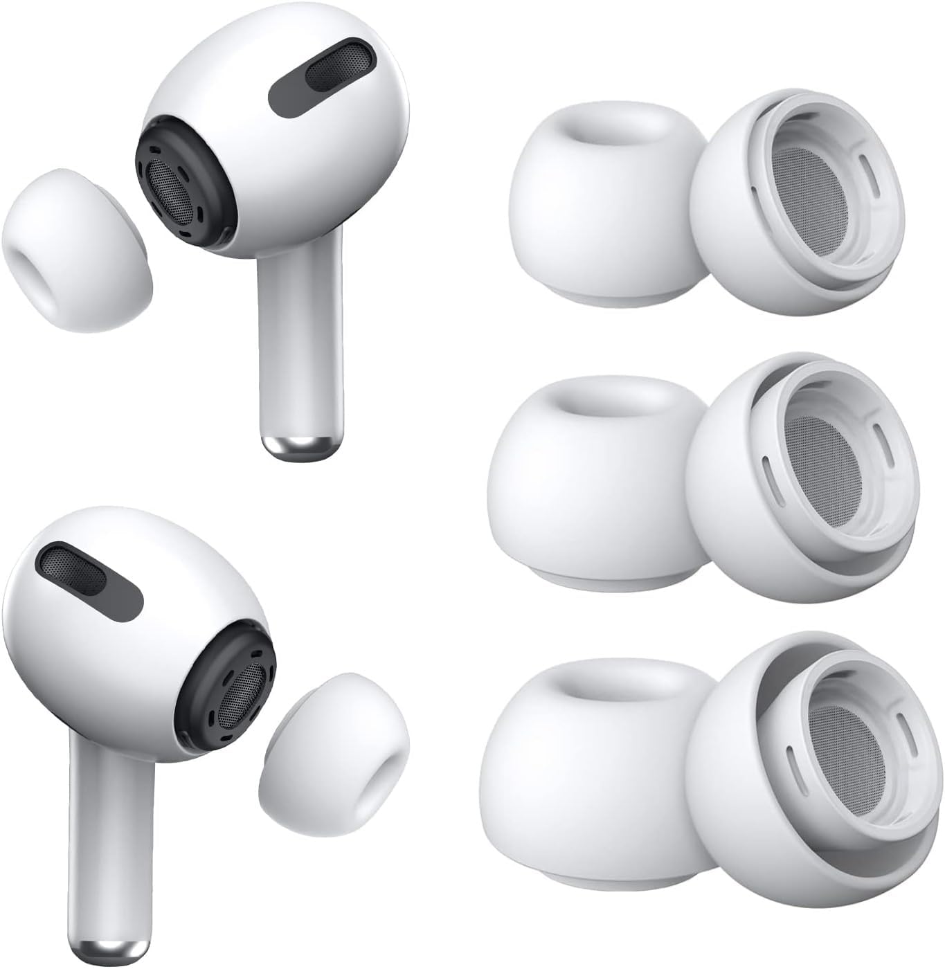 Silicone Replacement EarPads for Apple AirPods Pro 2 & Airpods Pro, Anti-Slip Eartips, Tighter Seal, Fits in The Charging Case, All 3 Sizes inclued (Small+Medium+Large) (3 Sets, 6Pc) - White
