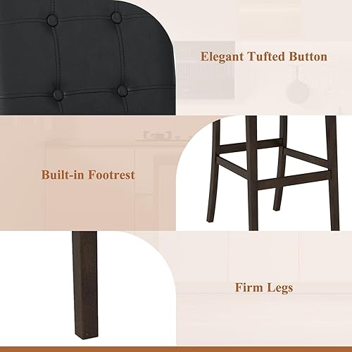 Miniatura 8 de COSTWAY Juego de 2 taburetes de bar, taburete de bar tapizado de 26 pulgadas con respaldo, sillas de altura de mostrador de cuero de PVC con Negro
