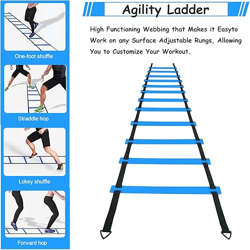 Miniatura 5 de Juego de equipos de entrenamiento de agilidad de fútbol, accesorios de fútbol de 12 peldaños y 20 pies, 12 conos de disco, entrenador de fútbol