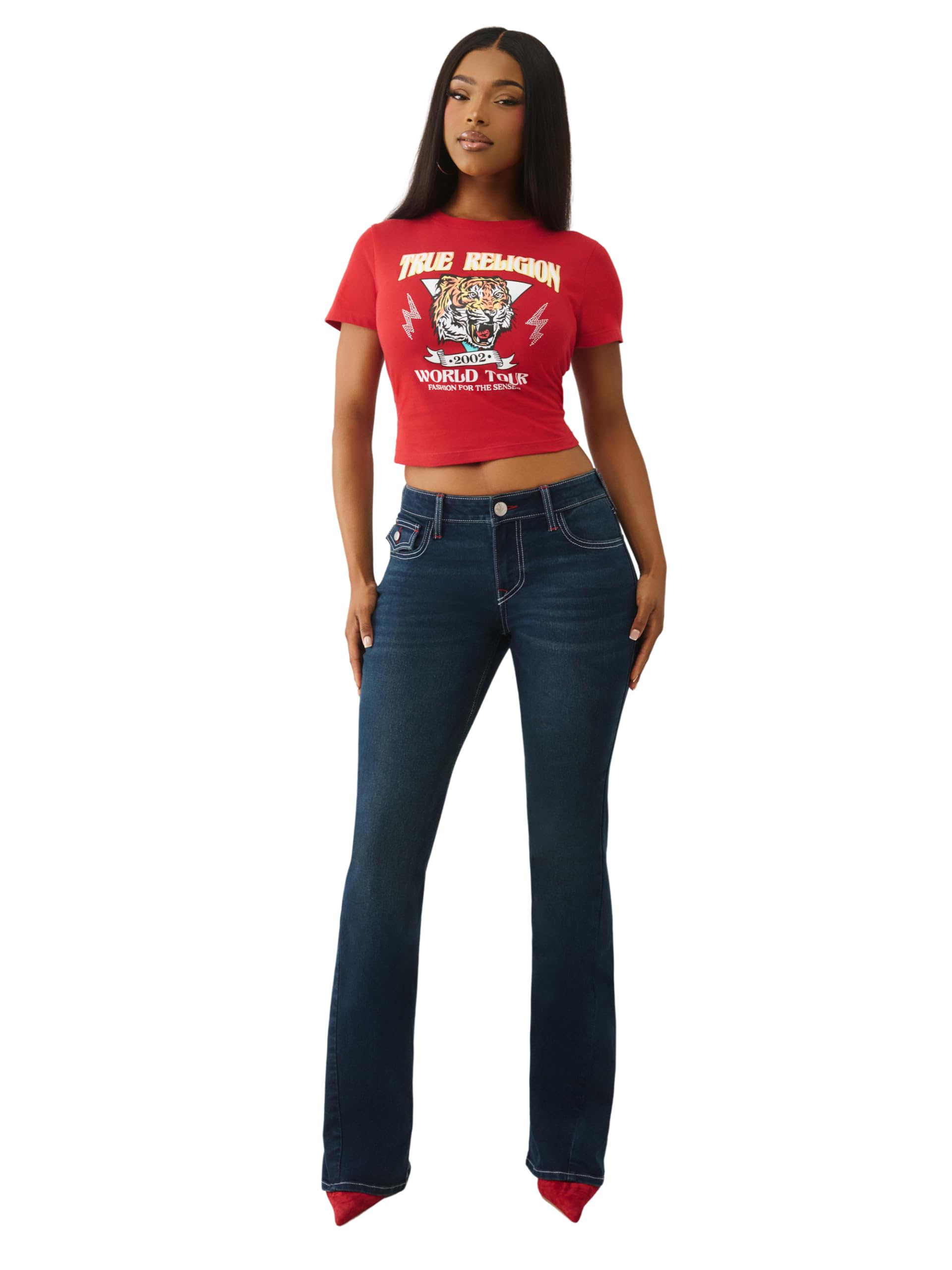 True Religion Damen Joey Single Needle Mid Rise Flap Flare Jeans