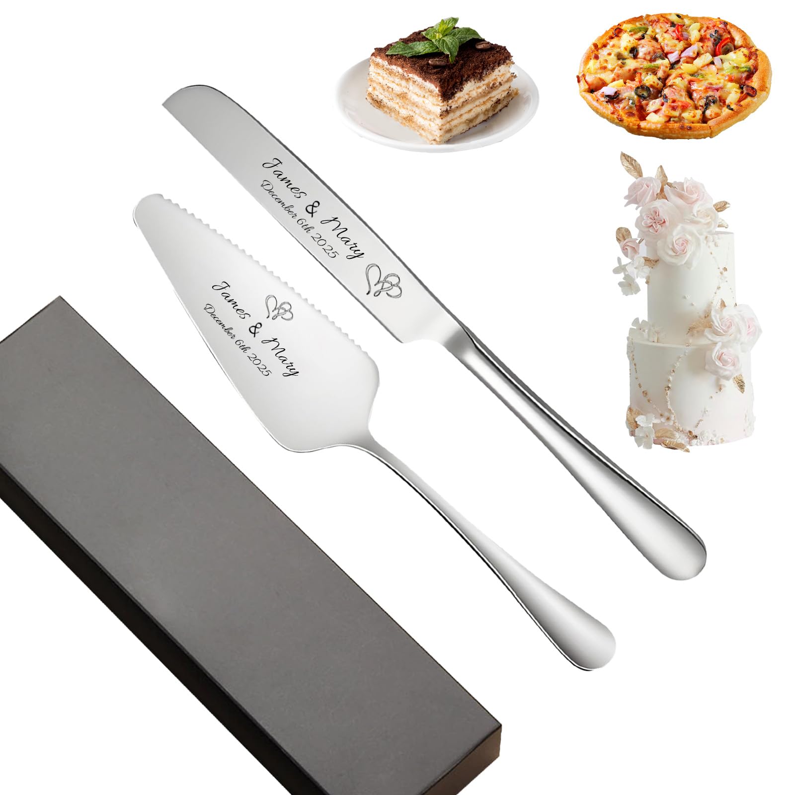 KBPTM Personalized Wedding Cake Knife and Server Set Stainless Steel Cake Cutting Set, Custom Cake Cutter for Wedding, Anniversary, Birthday Gift (