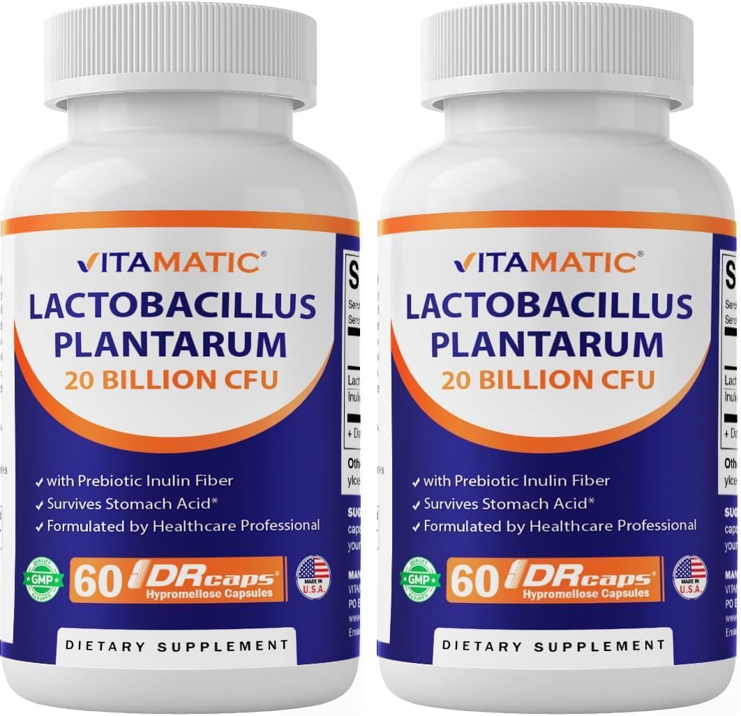 Vitamatic Lactobacillus Plantarum - 20 Billion per DR Capsule - 60 Count - Digestive Support - Made with Prebiotic Inulin Fiber (Pack of 2)