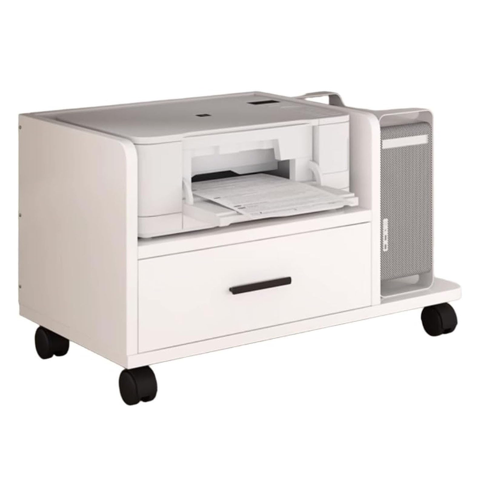 Soporte para impresora móvil, mesa de impresora rodante debajo del escritorio con ruedas y cajón, carrito de impresora multifuncional para escáner y fax, blanco, 68 x 40 x 45 cm