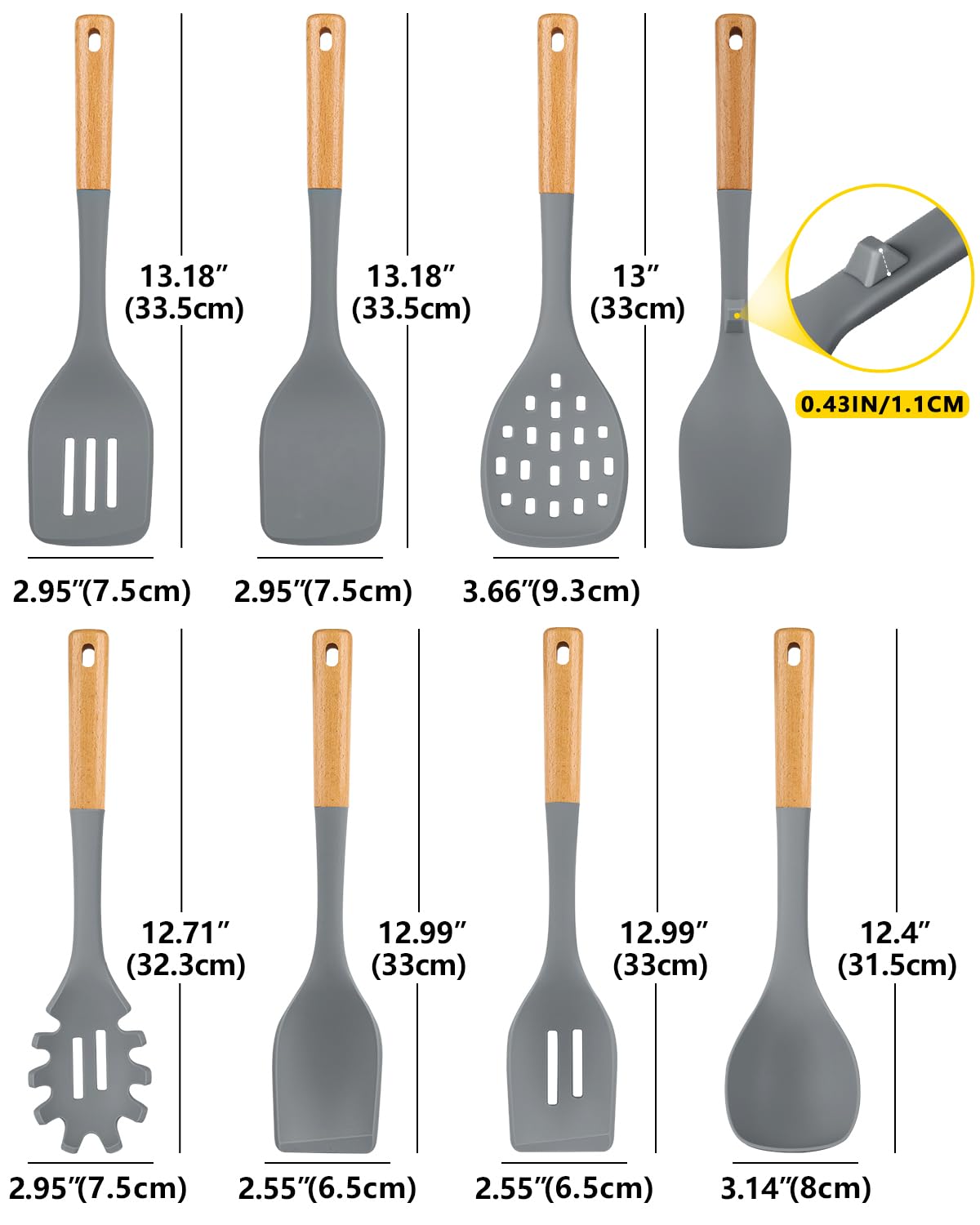Set di utensili da cucina in silicone per pentole non appiccicose, 7 pentole resistenti al calore con manico in legno, utensili da cucina senza BPA, con spatole, cucchiai, skimmer e forchetta per
