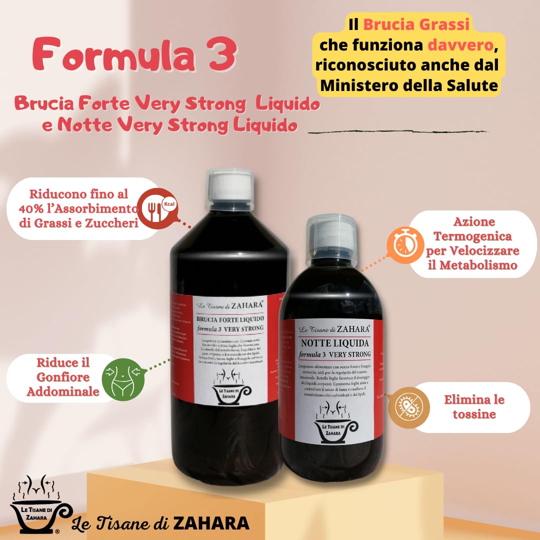 Trio Very Strong Formula 3 con Aloe, Drenante Forte per Donna e Uomo, Kit con Brucia Forte Liquido, Notte Liquido Formula 3 Strong e Depur Slim Aloe, Aiuta Pancia e Gambe Gonfie