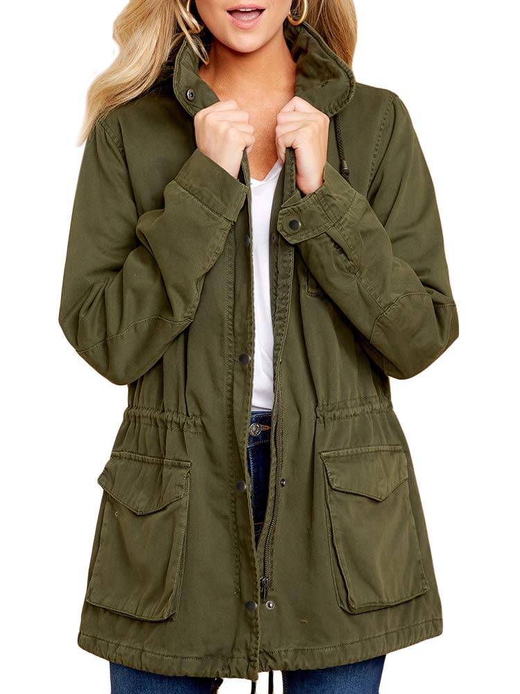 Soulomelody Womens Military Safari Anorak Jacket Hoodies Zip Up Parka Casual Drawstring Coat with Pockets
