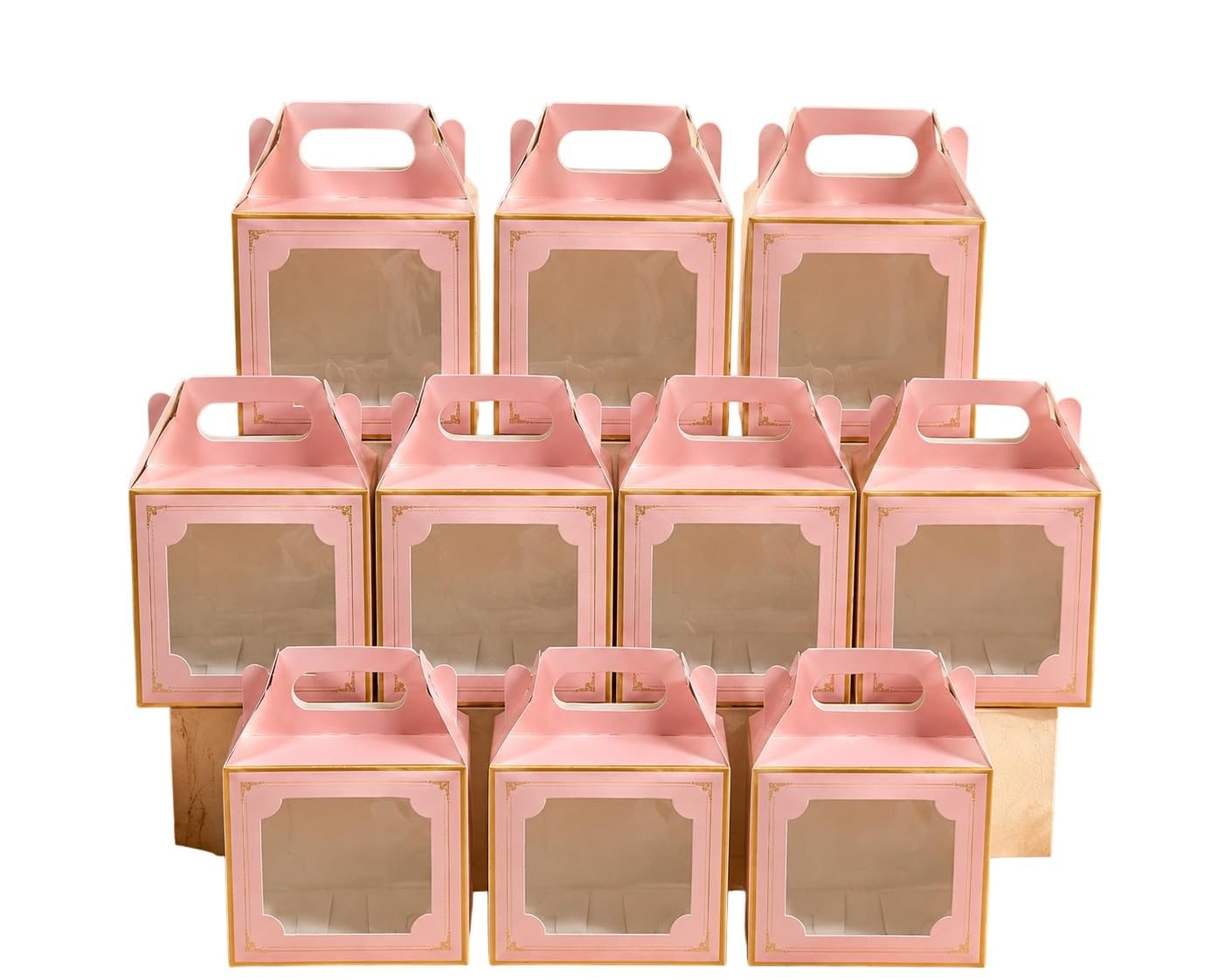 Pack of 10 Pink Gable Gift Boxes with Clear Window & Handle | Foldable Paper Favor Boxes for Cakes, Cupcakes, Cookies, Chocolates, Gifts, Birthday, Wedding & Party Packaging-image-21