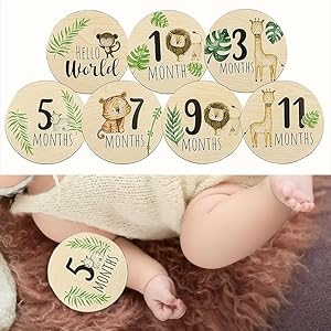 Paifeancodill Baby Monthly Milestone Cards Sign, 7 Pcs Double Sided Wooden Baby Monthly Milestone Marker Discs, Newborn Sign Baby Birth Announcement Milestone Discs, Newborn First Year Photo Props